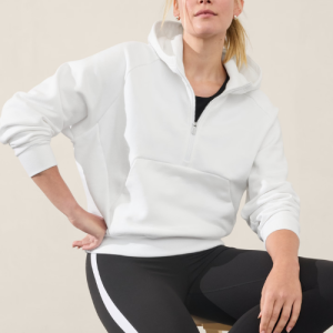 Casual Half Zip Hoodie with Kangaroo Pocket - White