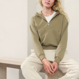 Casual Half Zip Hoodie with Kangaroo Pocket - Moss